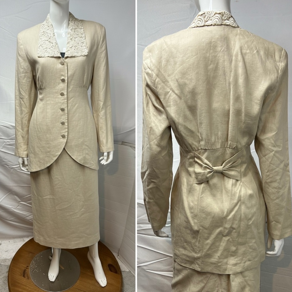 Vintage Jessica McClintock Women’s 8 Beige Linen Lace 80s Cottagecore Skirt Suit